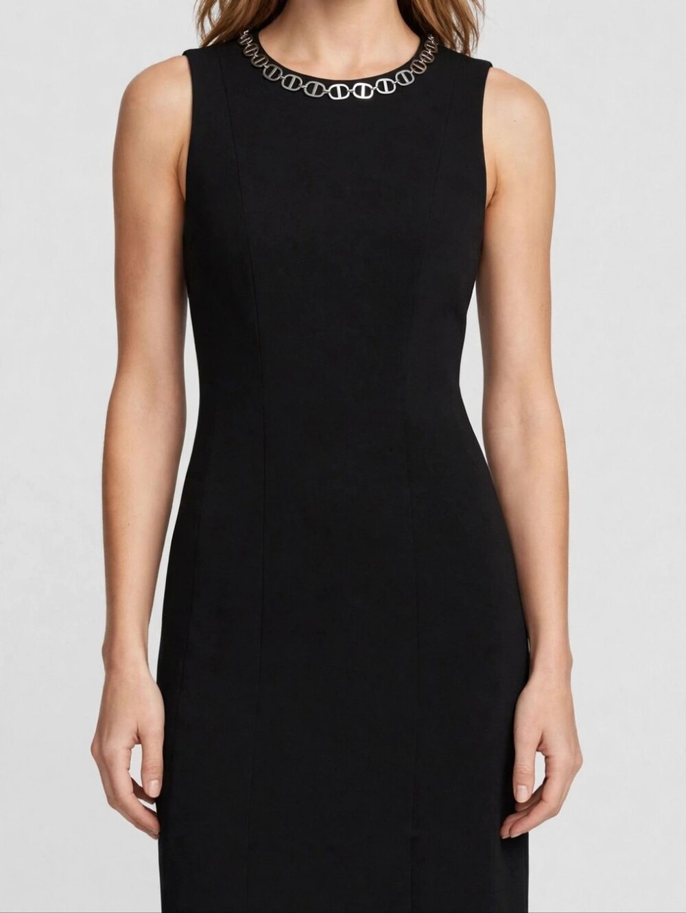 MICHAEL Michael Kors Black Sleeveless Sheath Dress with Chain Detail